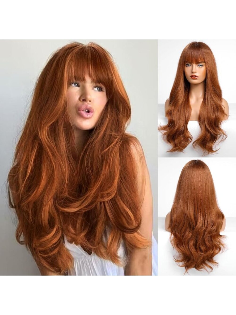 Women's Auburn Heat Resistant Long Curly Wavy Synthetic Wig with Bangs Size 26In